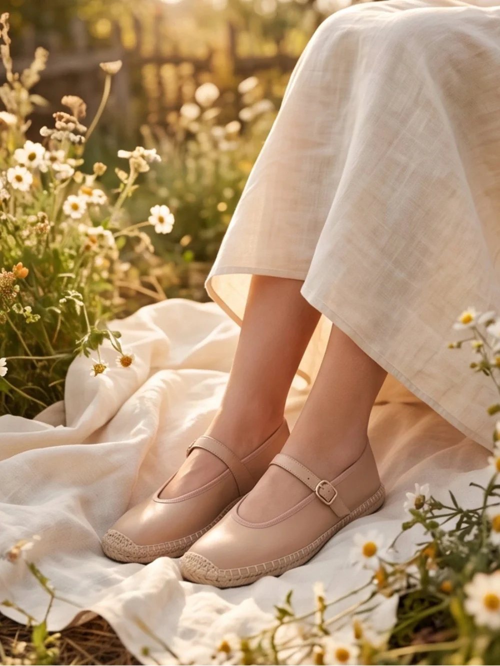 Coutgo Beige Tan Square Toe Mary Jane Espadrille Flats Ankle Strap Womens 7 NWOT